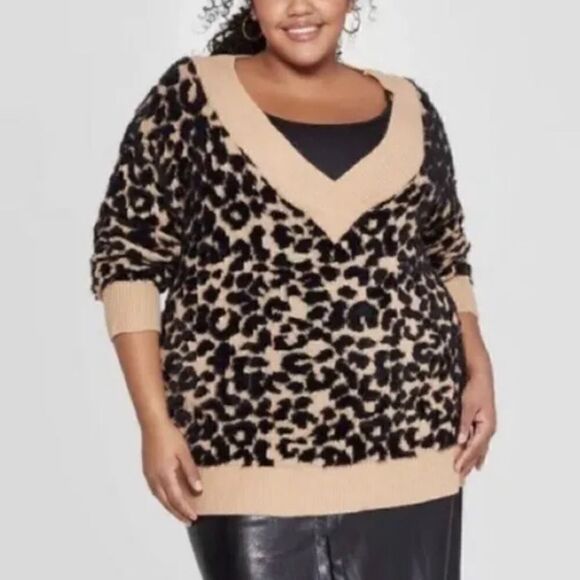Ava & Viv Leopard Print Fuzzy V-neck Pull Over Sweater - Picture 1 of 13